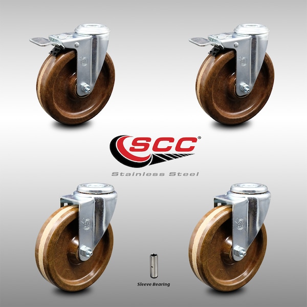 5 Inch SS High Temp Phenolic Swivel Bolt Hole Caster Set with 2 Total Lock Brake